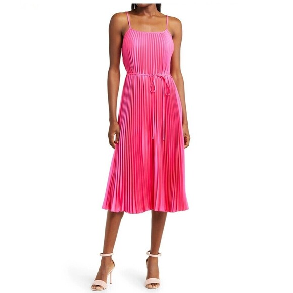 Sam Edelman barbiecore midi dress Hammered Satin Plissé luxury Dress Pink tie M - Picture 1 of 9